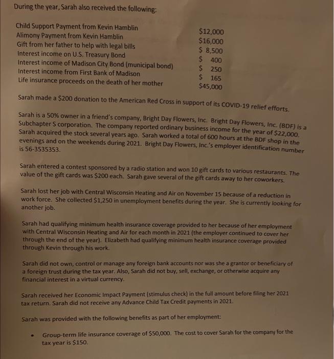 rule Instructions: Please complete the 2021 federal income tax return for Sarah