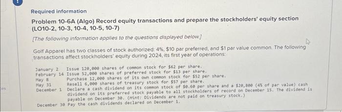  Required information Problem 10-6A (Algo) Record equity transactions and prepare the