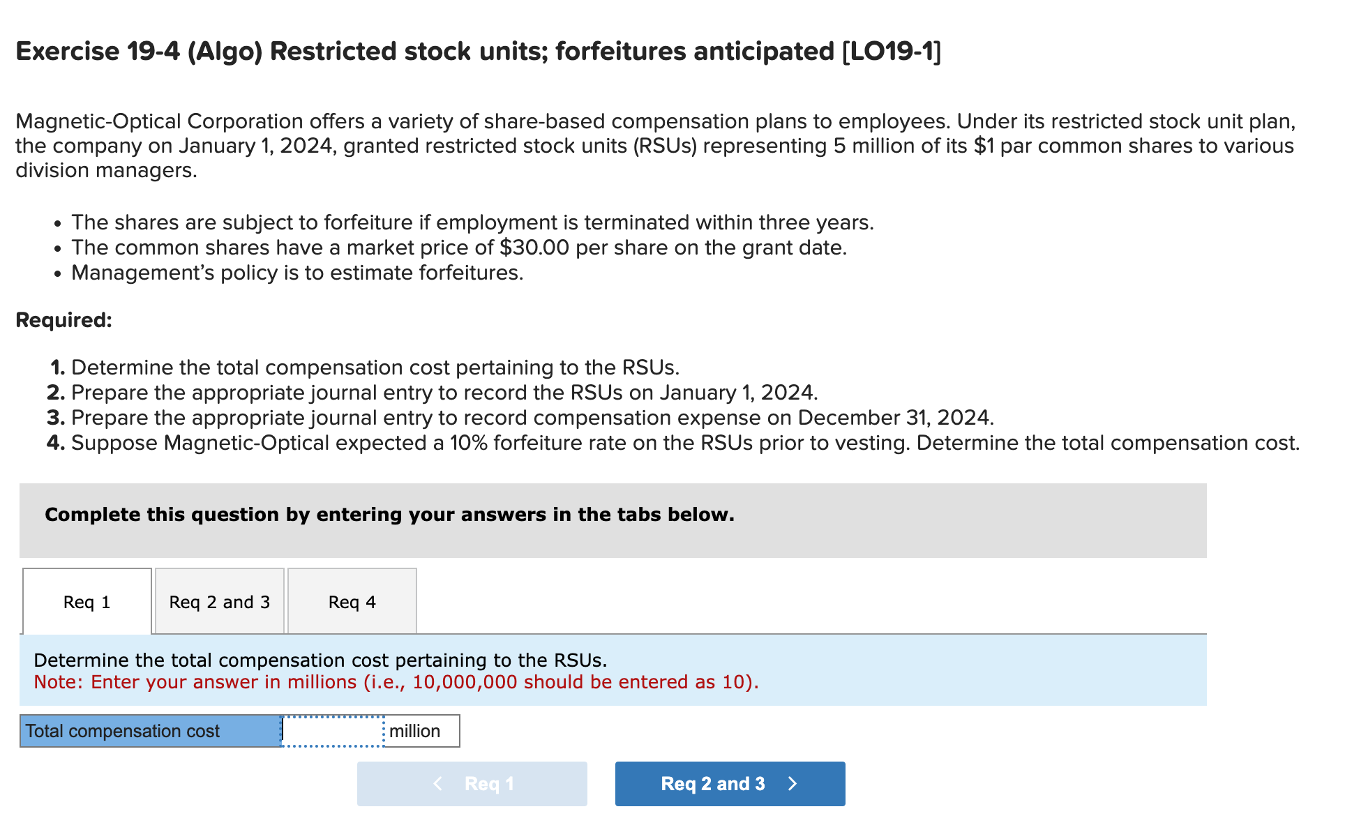  Exercise 19-4(Algo) Restricted stock units; forfeitures anticipated [LO19-1] Magnetic-Optical Corporation offers