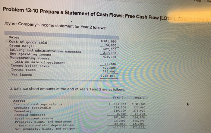  Help Sa Problem 13-10 Prepare a Statement of Cash Flows; Free