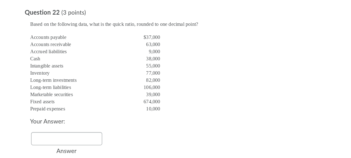 Question 22 (3 points) Based on the following data, what is
