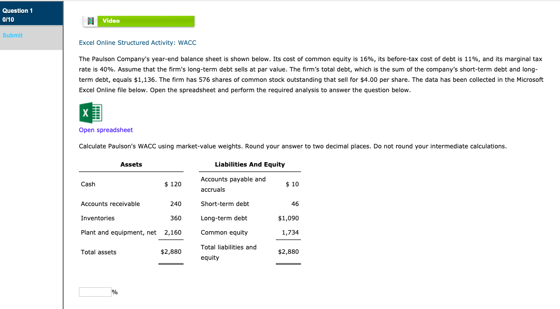  Question 1 0/10 Video Submit Excel Online Structured Activity: WACC The