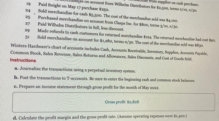 the following merchandising transactions in the month of May. At the beginning