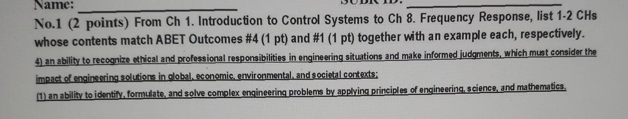  Name: No.1 (2 points) From Ch 1. Introduction to Control Systems