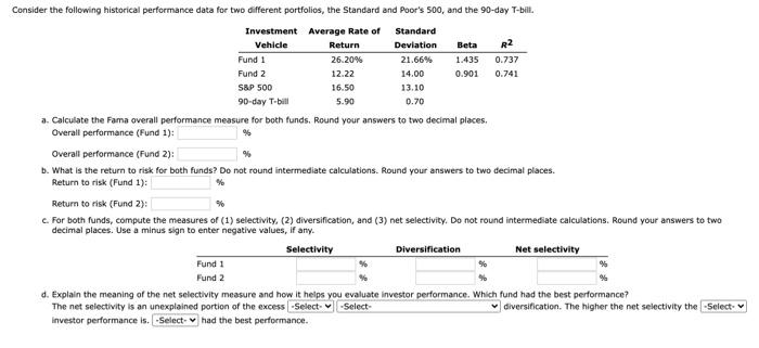  Consider the following historical performance data for two different portfolios, the
