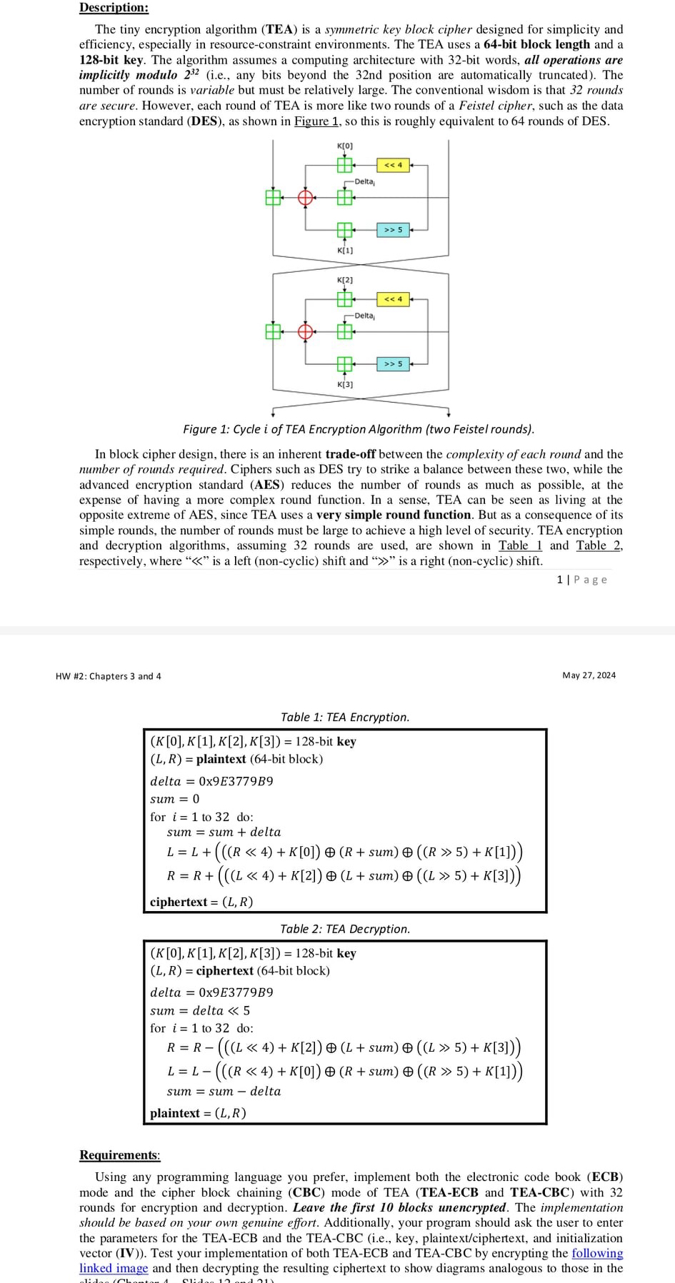  Description: The tiny encryption algorithm (TEA) is a symmetric key block
