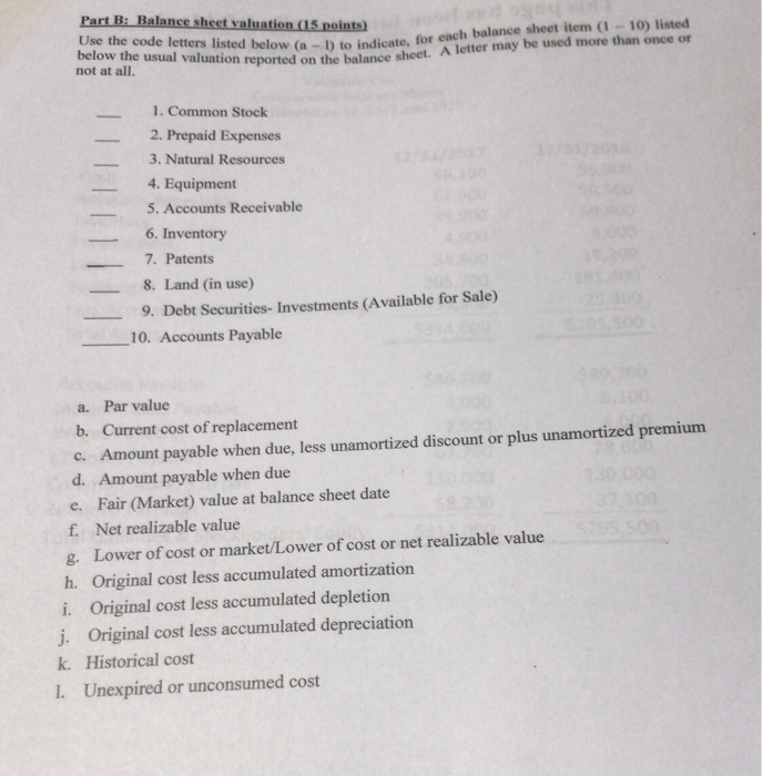  Part B: Balance sheet valuation 1S points) Use the code letters