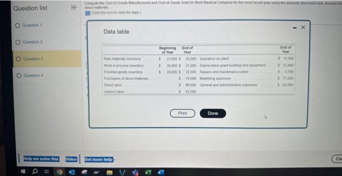  Question list k dicet matoriak Question 1 Data table Question 2