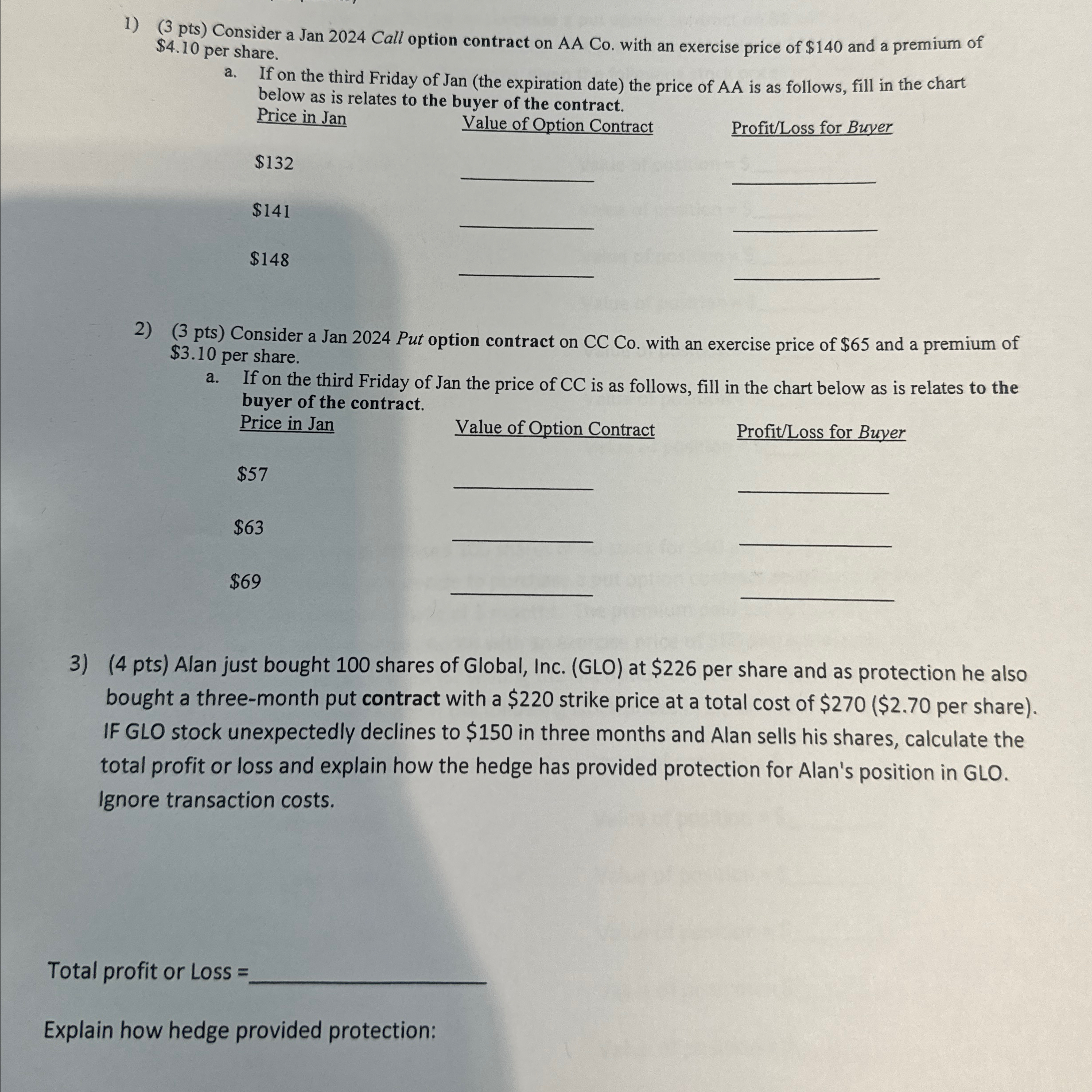  (3 pts) Consider a Jan 2024 Call option contract on AA