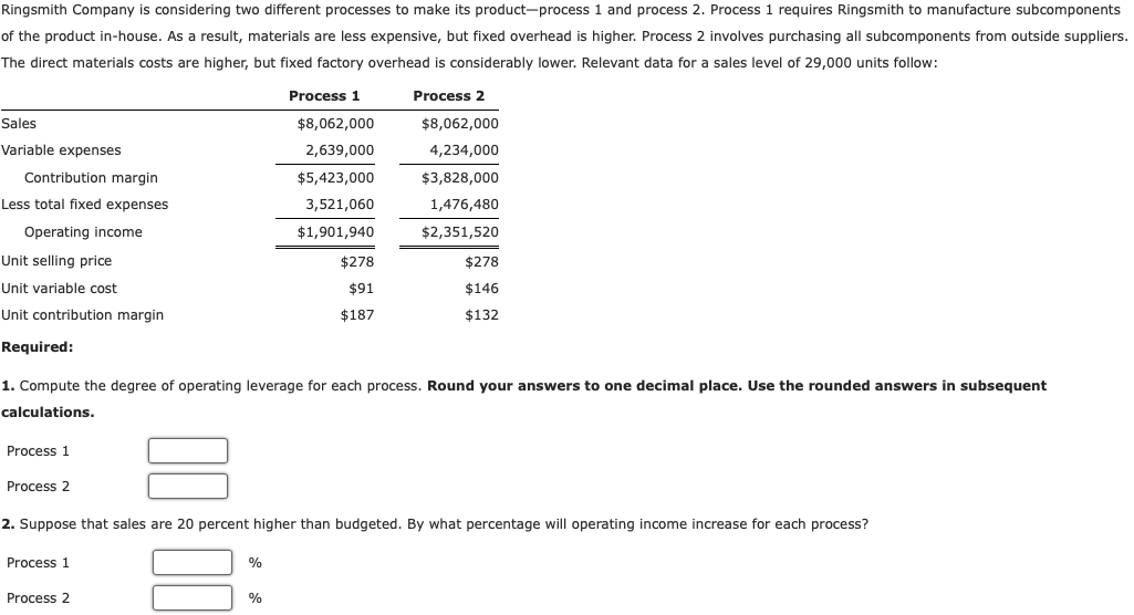  Ringsmith Company is considering two different processes to make its product-process