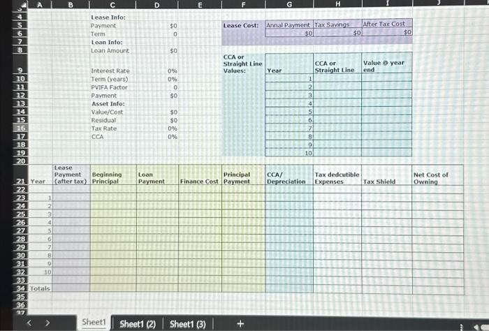 On each worksheet, copy the Buy-Lease Analysis template to the tab. 3.