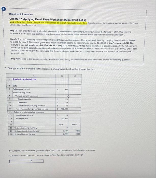  0 Required Information Chapter 7: Applying Excel: Excel Worksheet (Algo) (Part