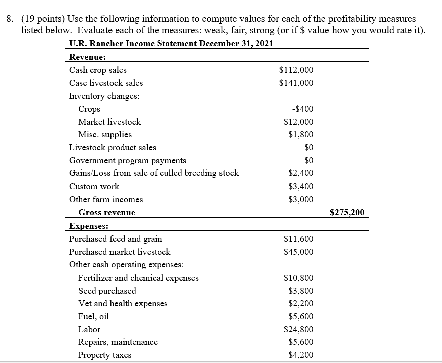  8. (19 points) Use the following information to compute values for