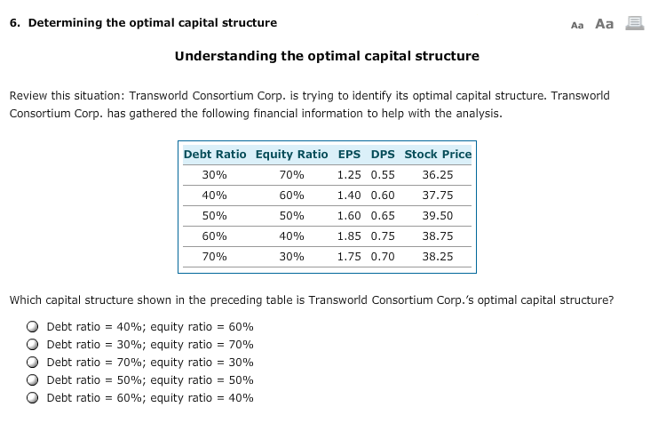  6. Determining the optimal capital structure Aa Aa Understanding the optimal