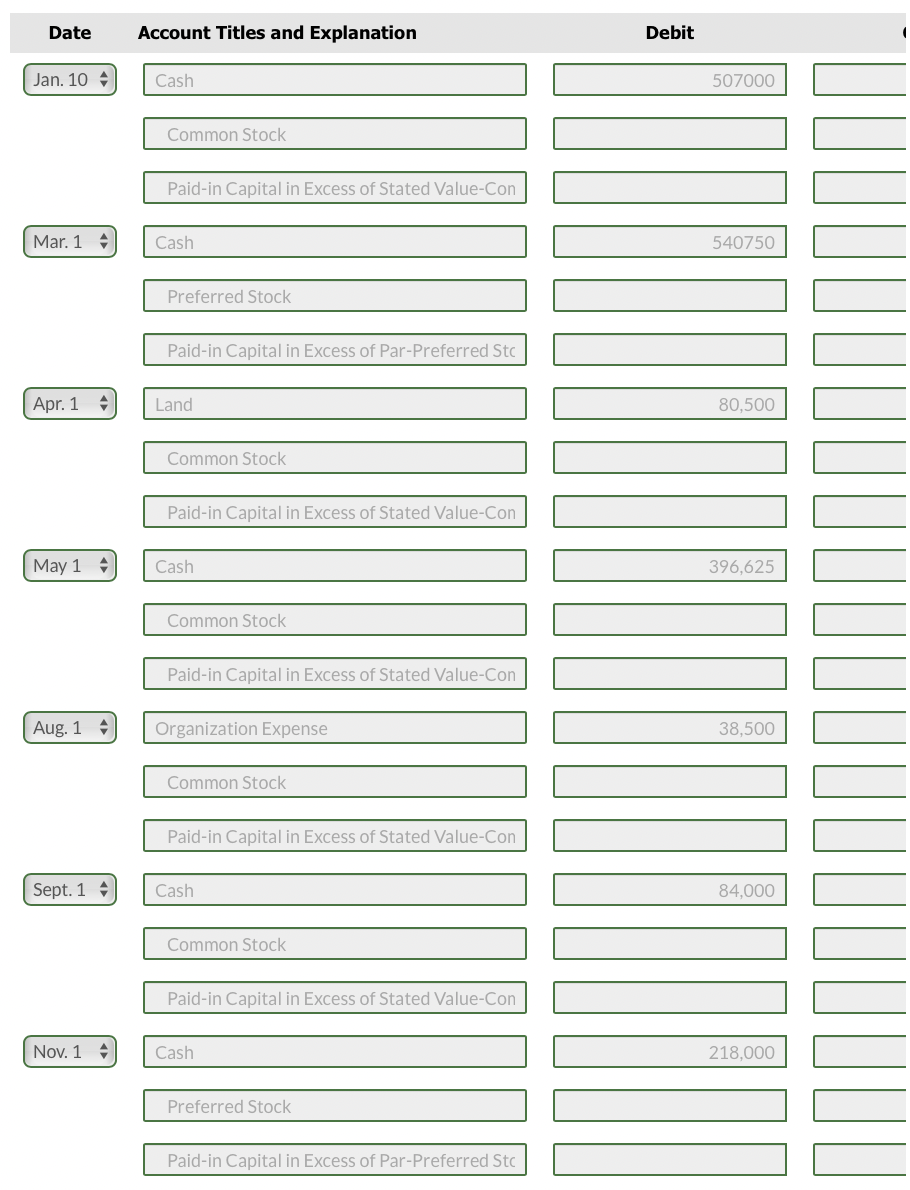 \begin{tabular}{cl|l|} Date & Account Titles and Explanation & Debit \\ \hline