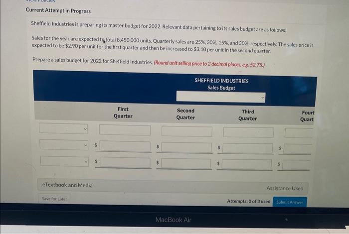  Current Attempt in Progress Sheffield Industries is preparing its master budget