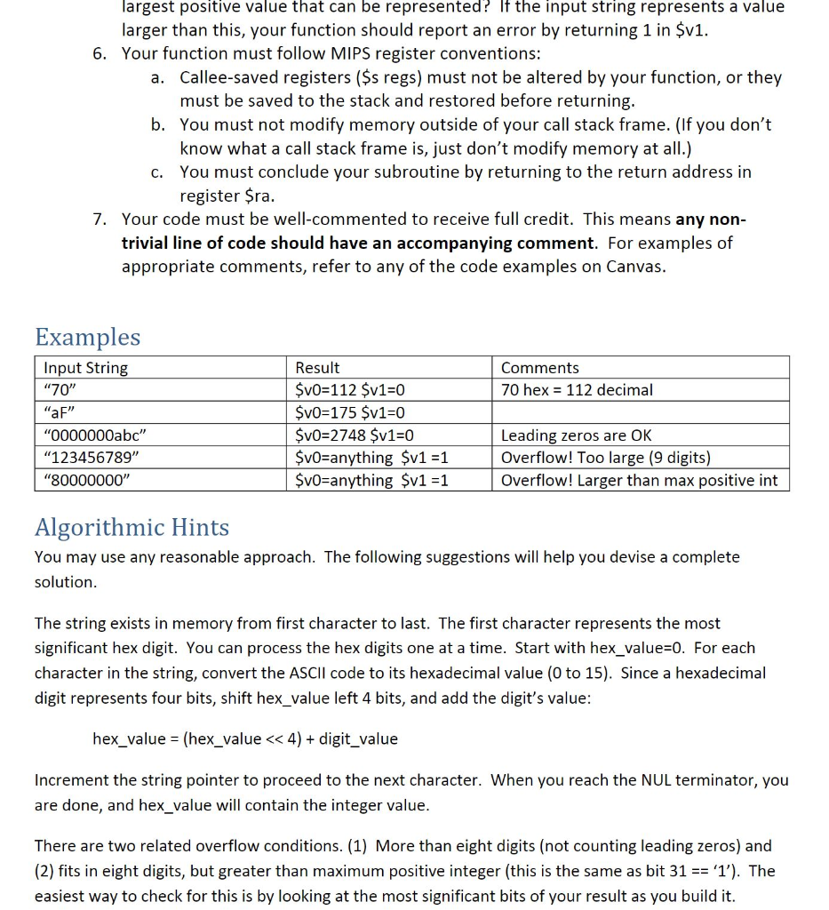 the SPIM simulator. Your procedure will convert a hexadecimal value in string