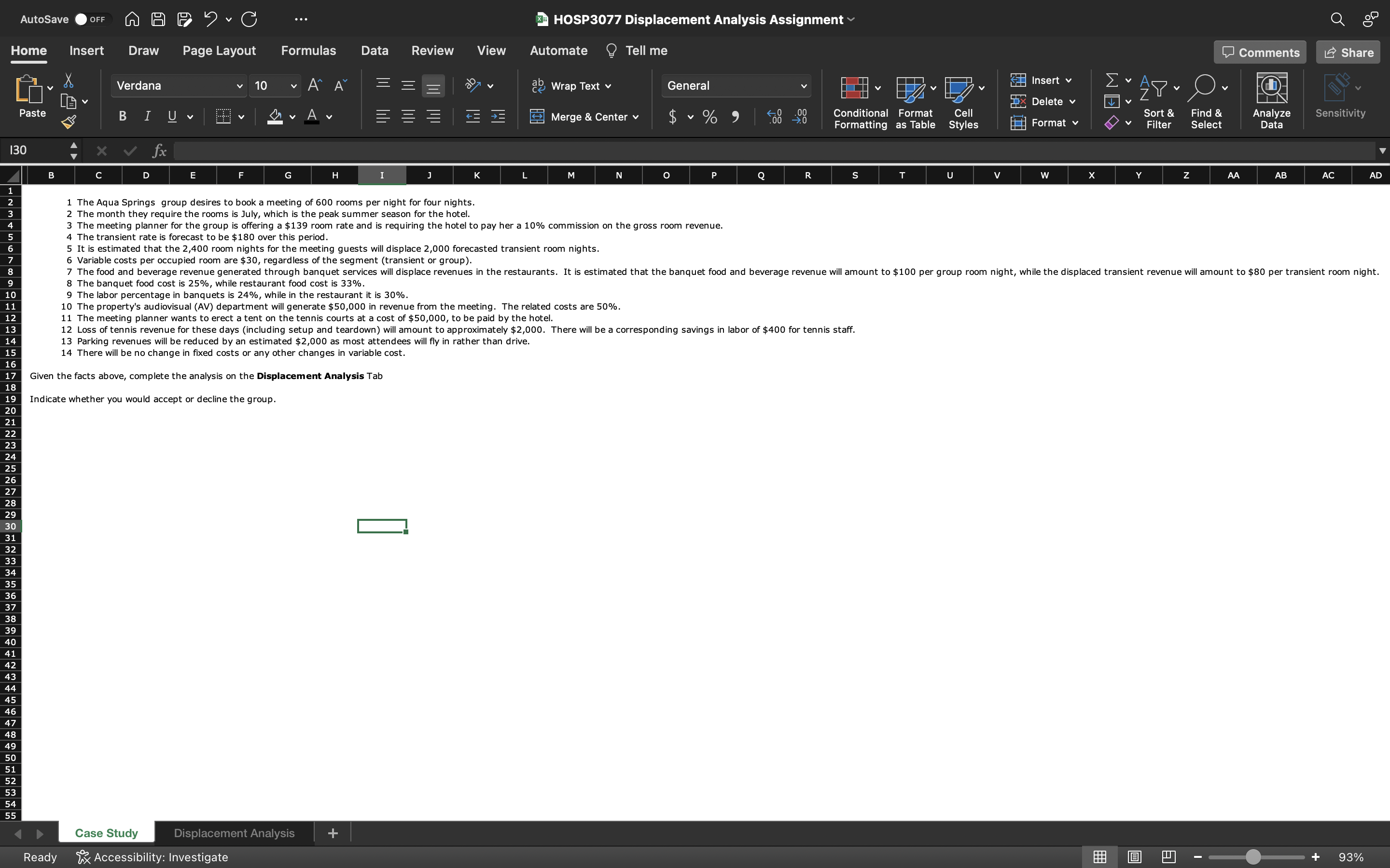 complete the excel sheet with the correct formulas given the information. 1