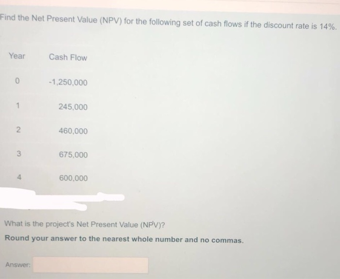  Find the Net Present Value (NPV) for the following set of