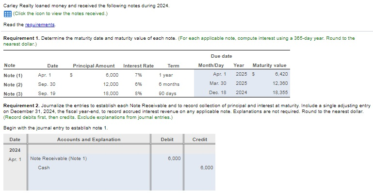 Date Principal Amount Interest Rate Term 1. Determine the maturity date and