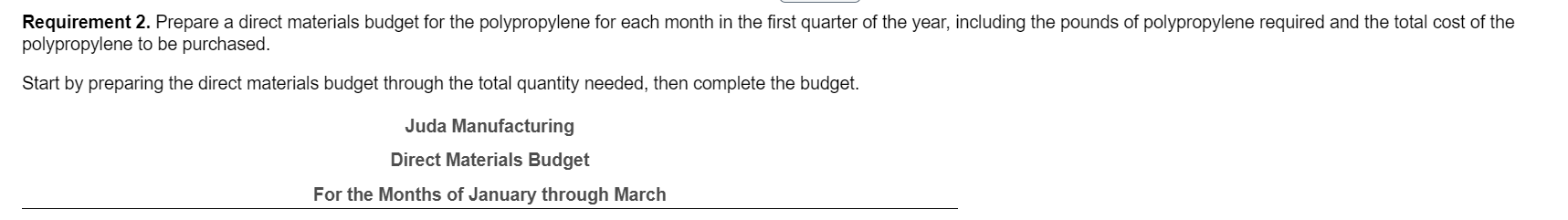  Requirement 2. Prepare a direct materials budget for the polypropylene for