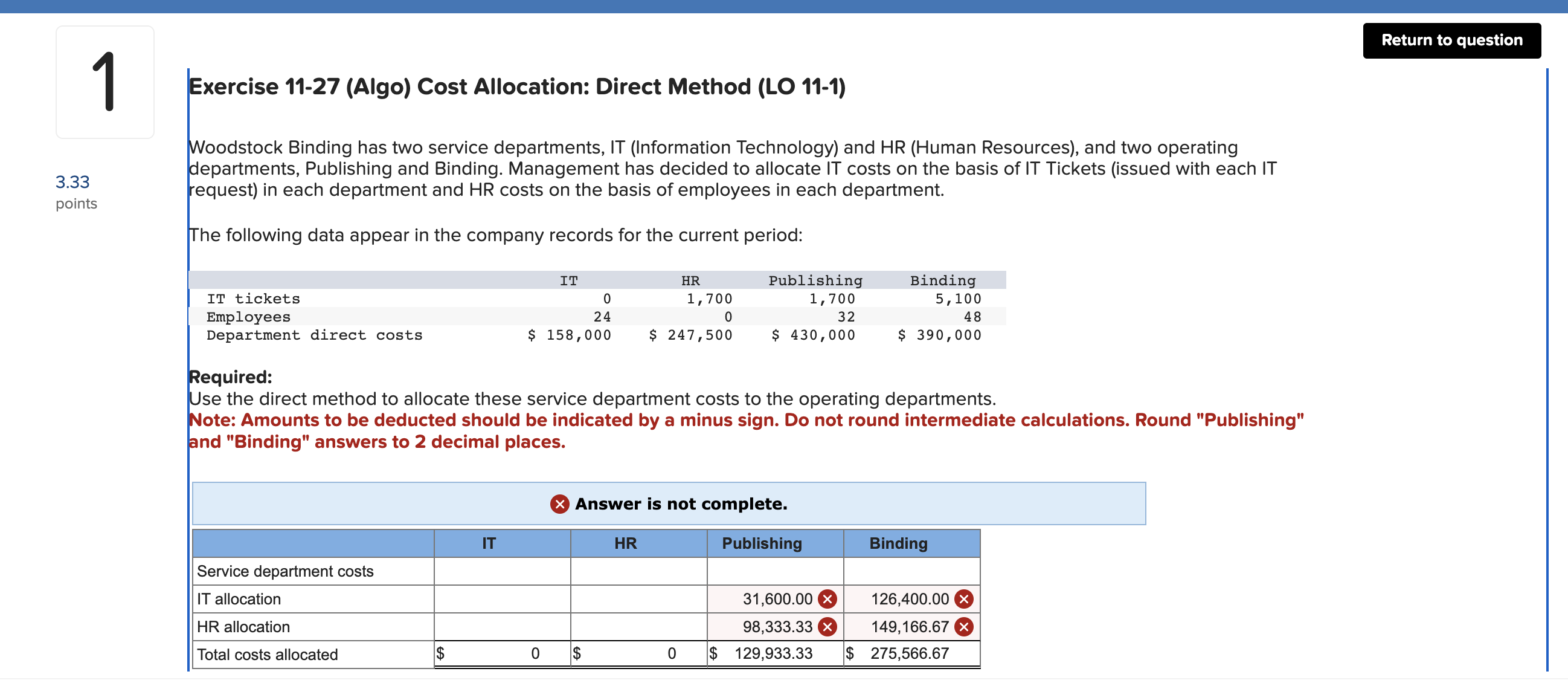  Exercise 11-27 (Algo) Cost Allocation: Direct Method (LO 11-1) Woodstock Binding