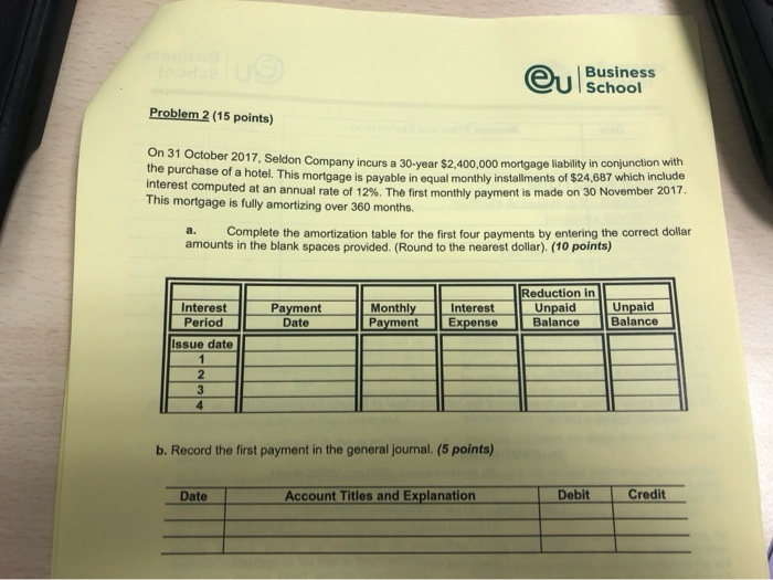  Business eu School Problem 2 (15 points) on October 2017. Seldon