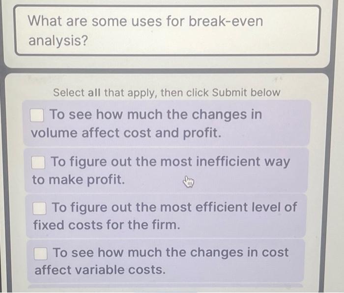  What are some uses for break-even analysis? Select all that apply,