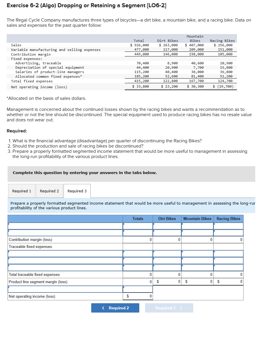  Exercise 6-2(Algo) Dropping or Retaining a Segment [L06-2] The Regal Cycle