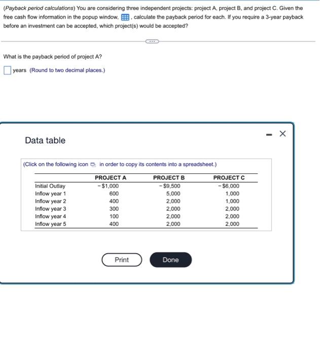 7. payback period project A. payback perod project B. payback period project