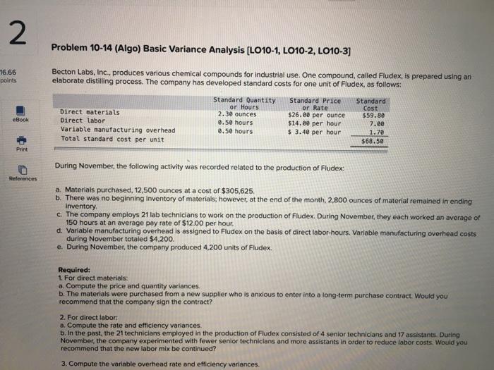  2 Problem 10-14 (Algo) Basic Variance Analysis (L010-1, LO10-2, LO10-3] 16.66