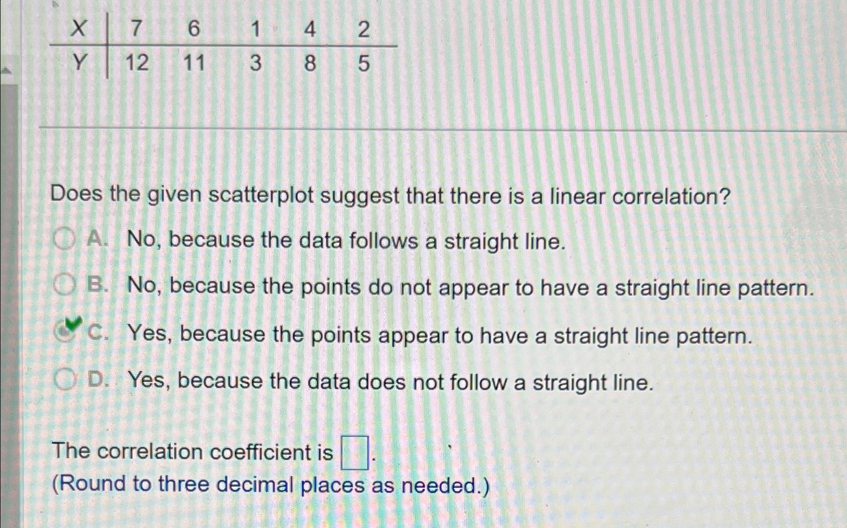  \table[[x,7,6,1,4,2],[Y,12,11,3,8,5]] Does the given scatterplot suggest that there is a linear