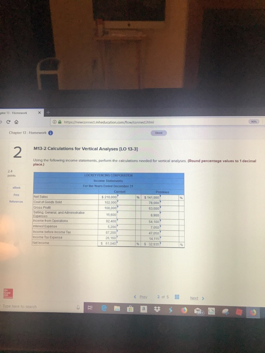  Chapter 13-Homework0 2 M13-2 Calculations for Vertical Analyses [LO 13-3] Using