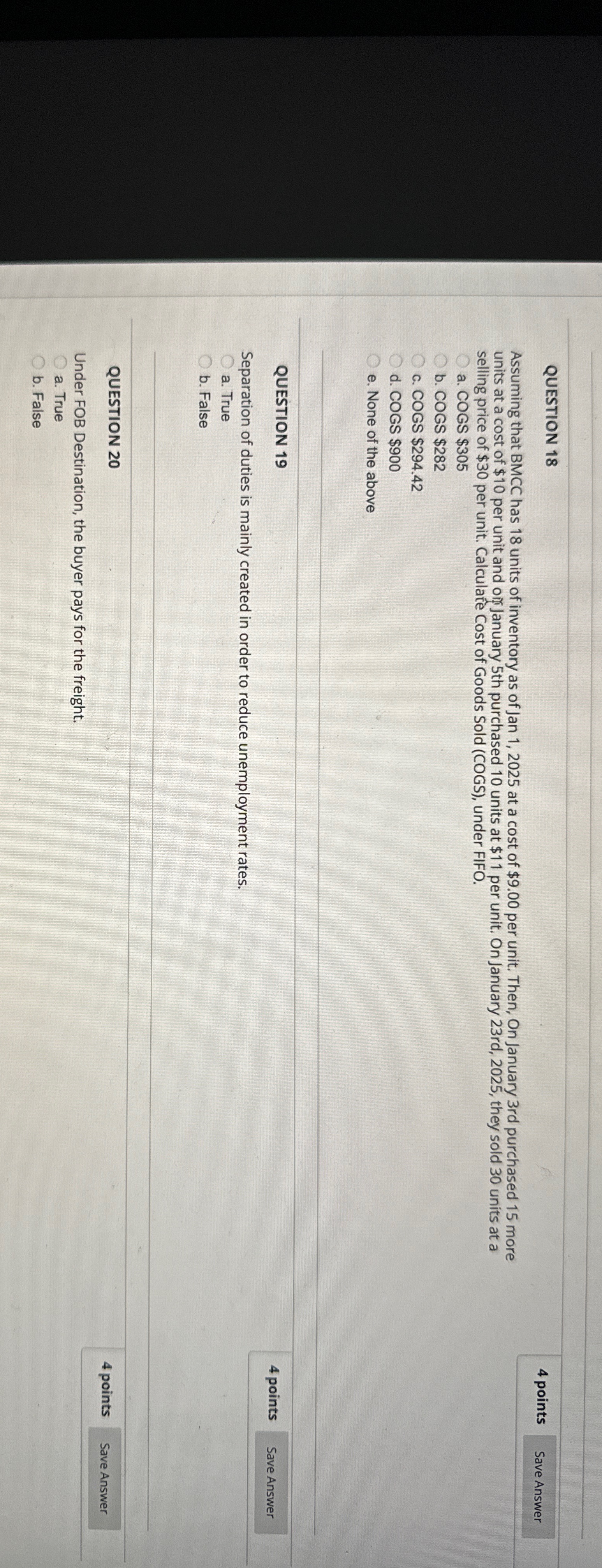  QUESTION 18 4 points Save Answer Assuming that BMCC has 18