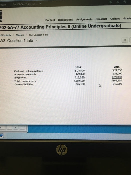  calculate the working capital current ration and quick ratio for 2015