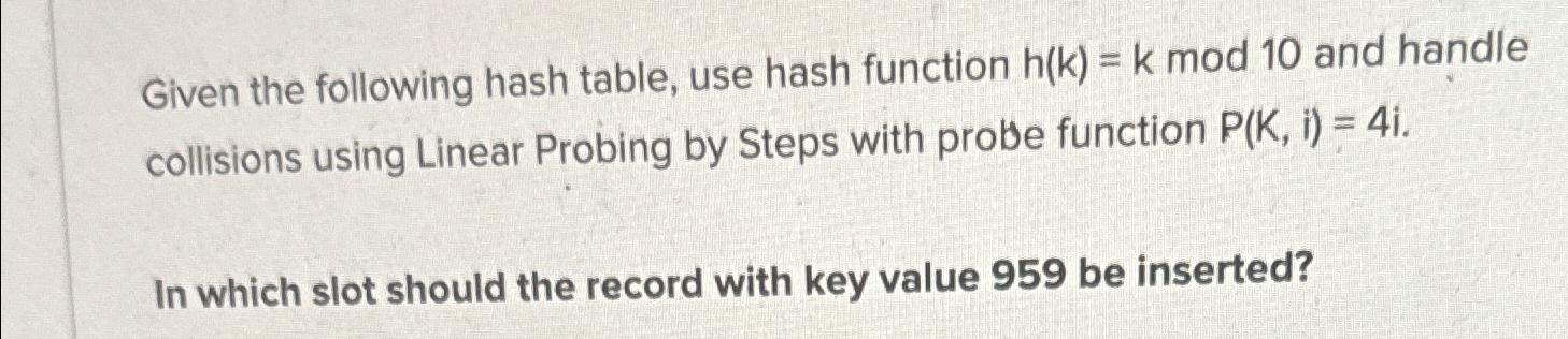  Given the following hash table, use hash function h(k)=k mod 10