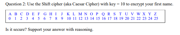 NEED ASAP. Question 2: Use the Shift cipher (aka Caesar Cipher)