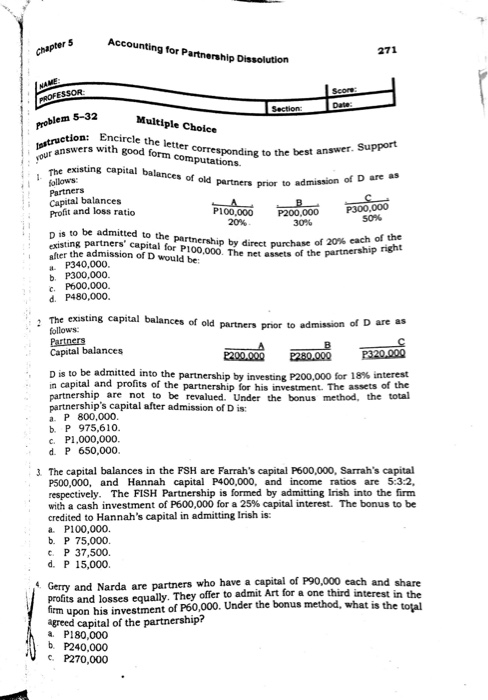  Answer and show your solution 271 PROFESSOR Section Multiple Choice Problem