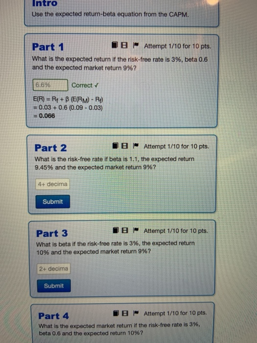  Intro Use the expected return-beta equation from the CAPM. Part IB