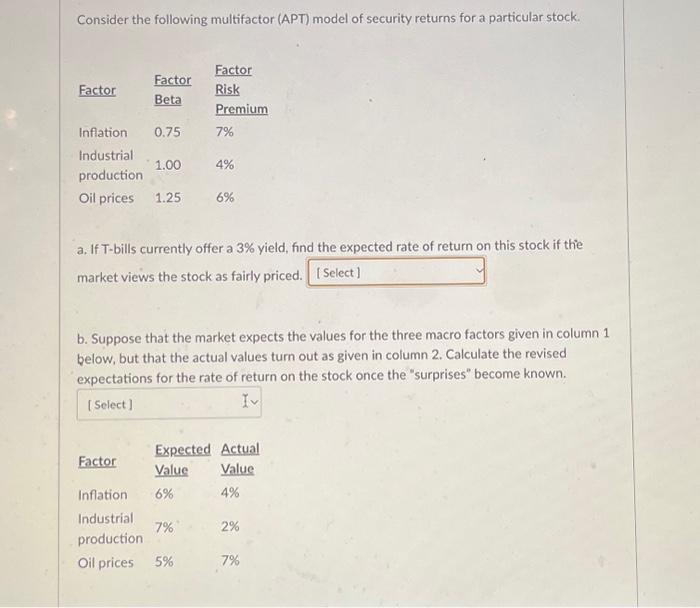  Consider the following multifactor (APT) model of security returns for a
