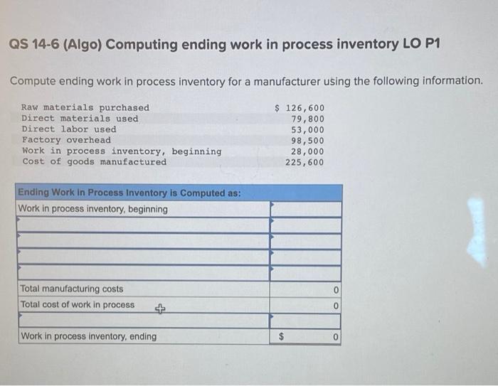  QS 14-6 (Algo) Computing ending work in process inventory LO P1