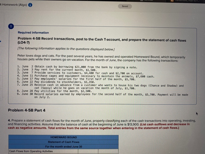  O, POSTO 4 Homework (Algo) Saved Required information Problem 4-5B Record