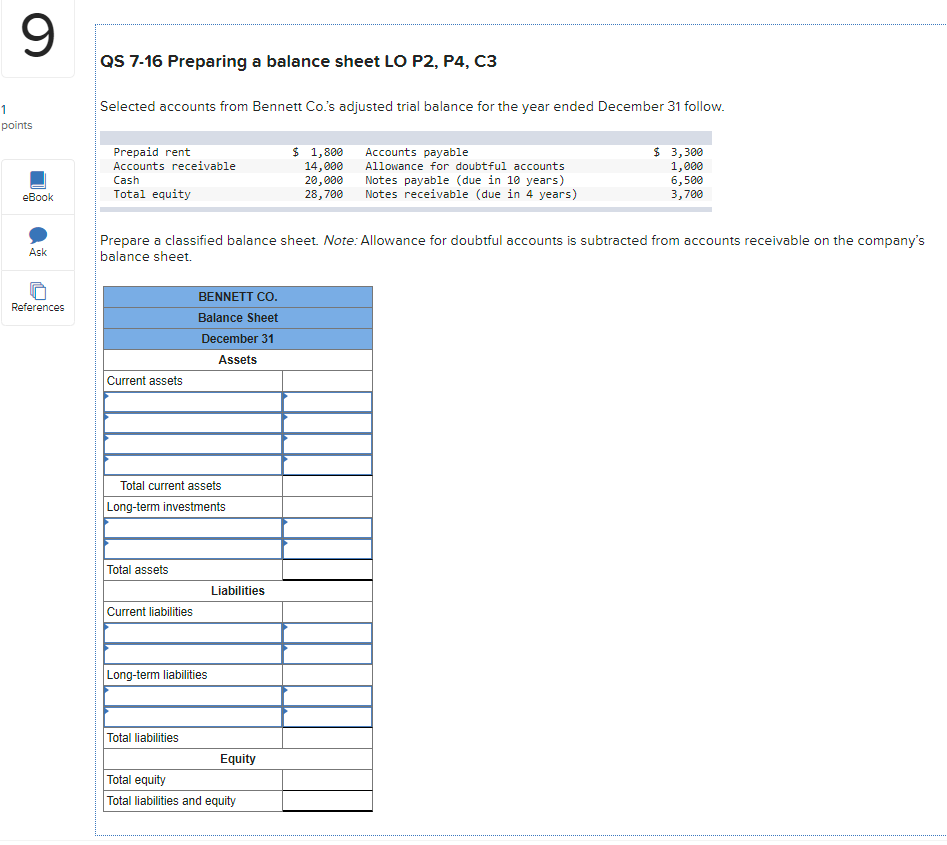  9 QS 7-16 Preparing a balance sheet LO P2, P4, C3