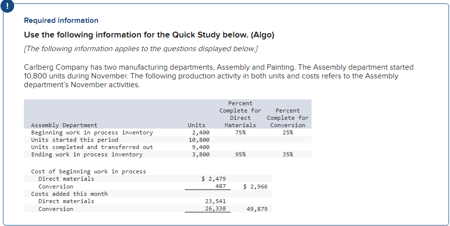  Required information Use the following information for the Quick Study below.