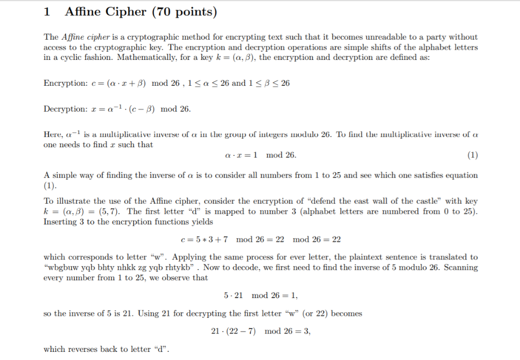 1 Affine Cipher (70 points) The Affine cipher is a cryptographic