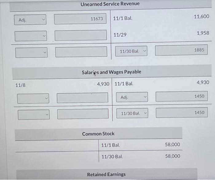 the November 1 balances in ledger T-accounts. Accounts Payable Unearned Service Revenue