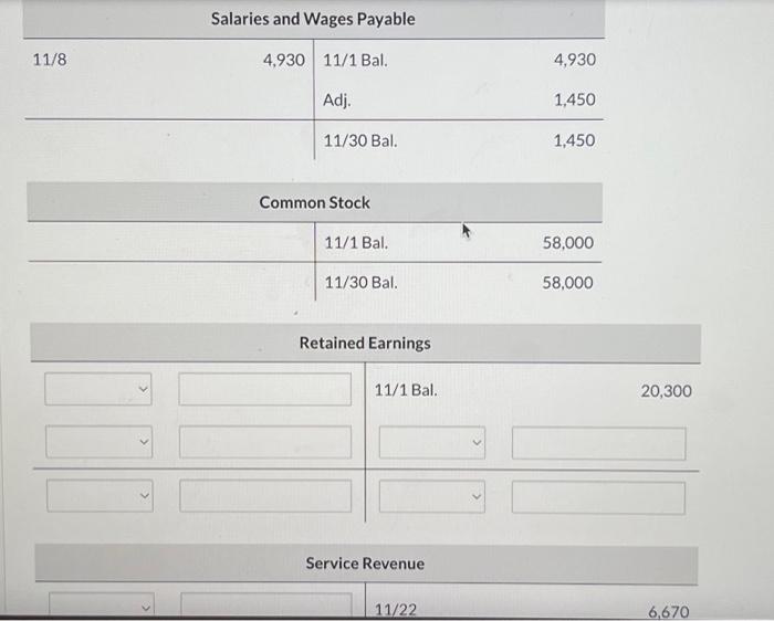 3,016 \end{tabular} Supplies 11/1Bal 2,494 4.930 Equipment Equipment 11/1Bal. 72,500 Accumulated Depreciation-Equipment