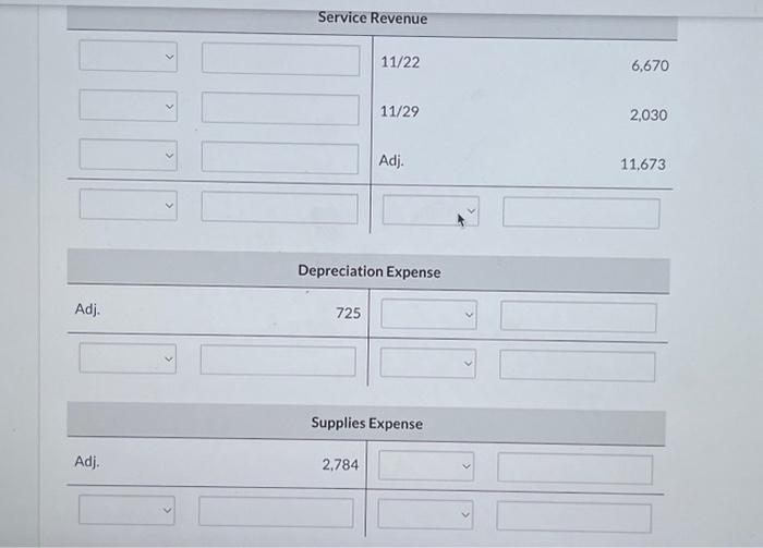 \begin{tabular}{l|lr} & 11/1Bal. & 2,900 \end{tabular} Accounts Payable Unearned Service Revenue Salaries