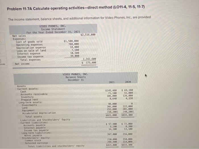  Problem 11-7A Calculate operating activities--direct method (LO11-4, 11-5, 11-7) The income