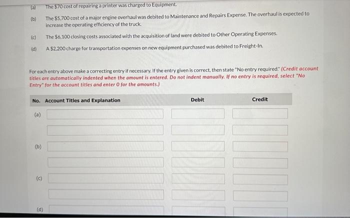  (a) (b) (c) (d) For each entry above make a correcting